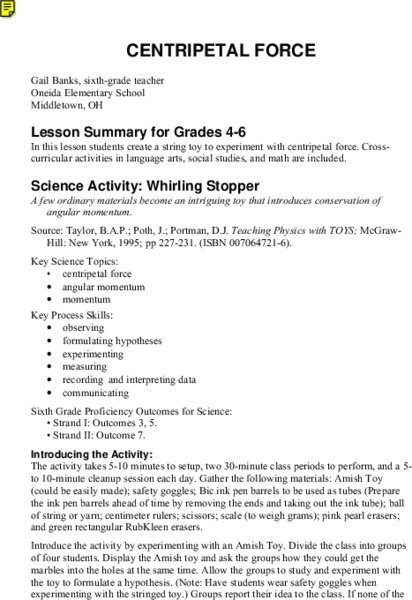 Centripetal Force Lesson Plan
