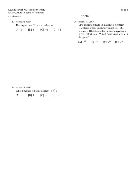 Imaginary Numbers Worksheet