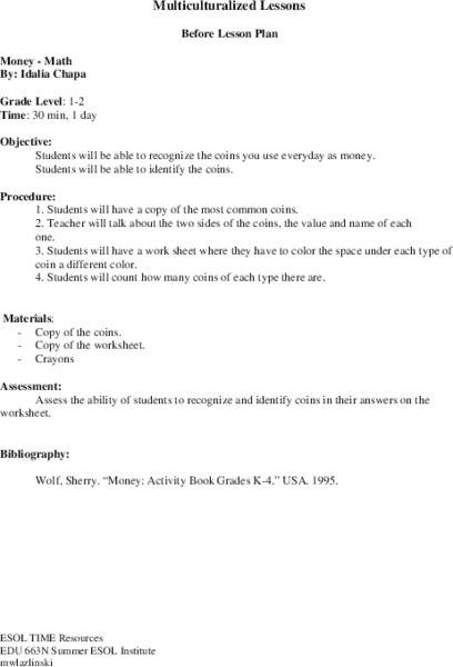 Money Math Lesson Plan