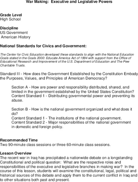 War Making: Executive and Legislative Powers Lesson Plan