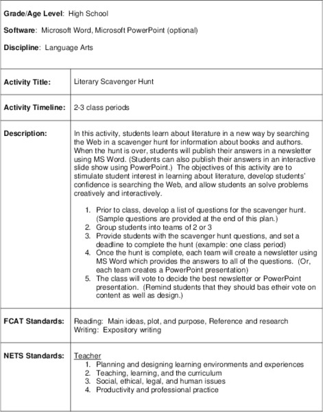 Literary Scavenger Hunt Lesson Plan