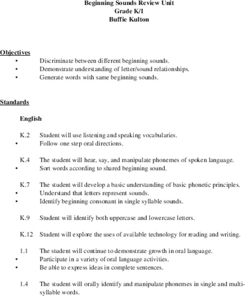 Beginning Sounds Lesson Plan