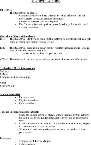 RHYTHMIC PATTERNS Lesson Plan