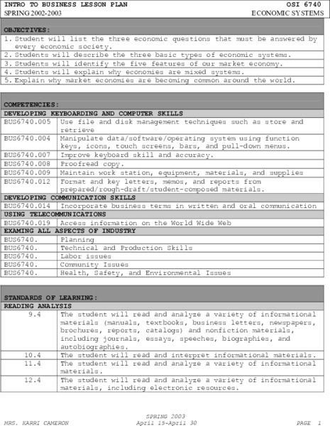 ECONOMIC SYSTEMS Lesson Plan