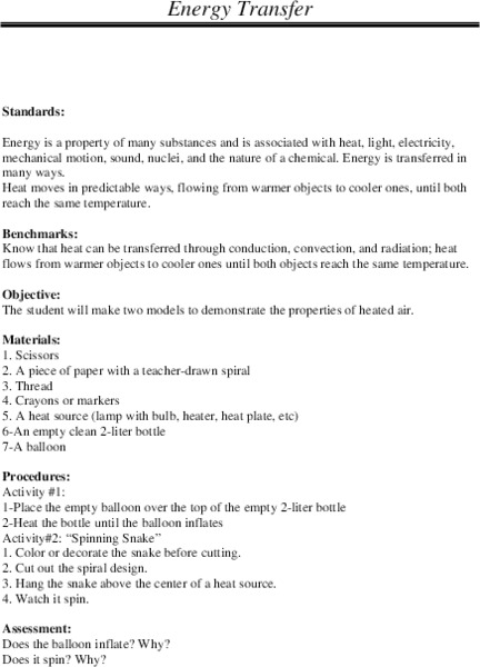 Energy Transfer Lesson Plan