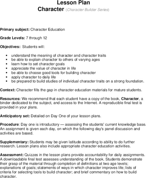 Character Builders Lesson Plan