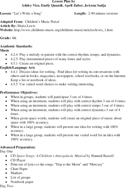"Let's Write a Song" Lesson Plan