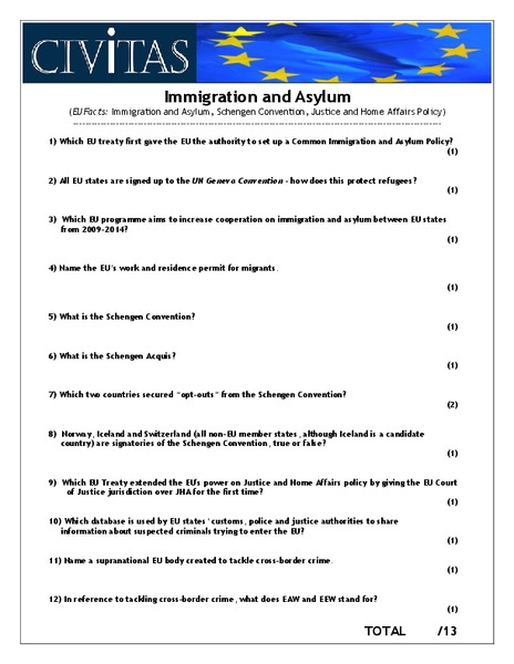 Immigration and Asylum Worksheet