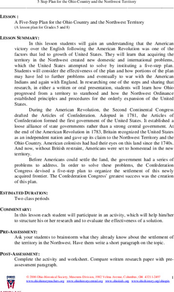A Five-Step Plan for the Ohio Country and the Northwest Territory Lesson Plan
