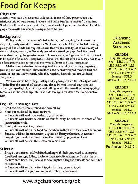 Food For Keeps Lesson Plan