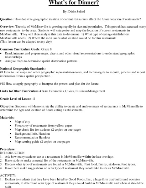 What's For Dinner? Lesson Plan