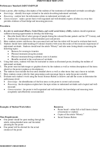 Indentured Servants Lesson Plan