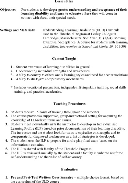 Acceptance of Learning Disabilities Lesson Plan