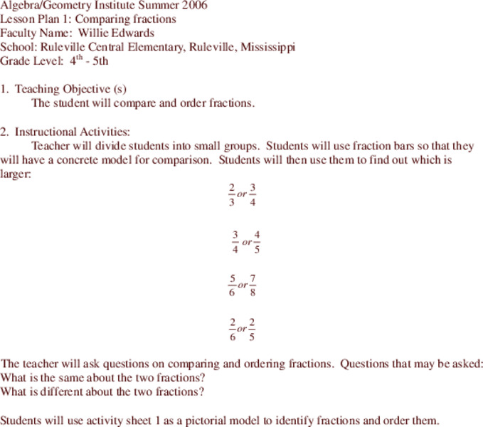 Comparing Fractions Lesson Plan