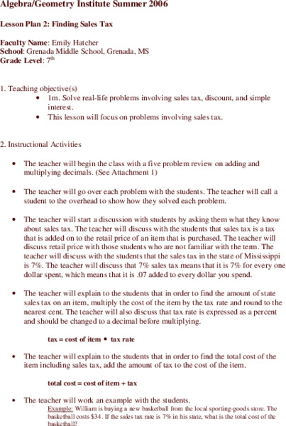 Finding Sales Tax Lesson Plan