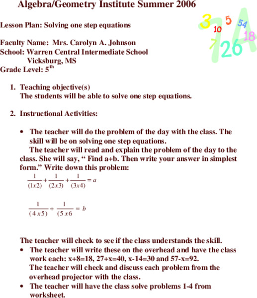 Solving One Step Equations Lesson Plan