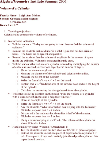 Volume of a Cylinder Lesson Plan