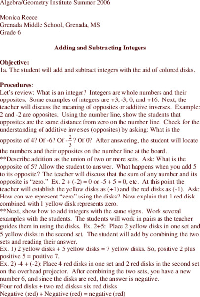 Adding and Subtracting Integers Lesson Plan