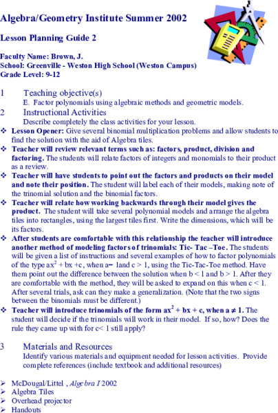 Factoring Polynomials Lesson Plan
