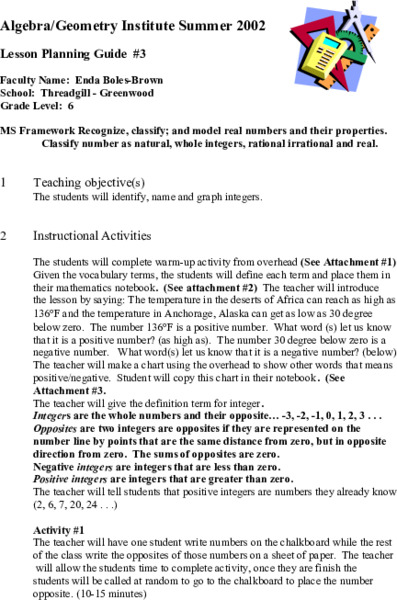 Whole Numbers Lesson Plan