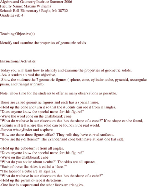 Geometric Solids Lesson Plan