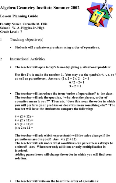 Order of Operations Lesson Plan