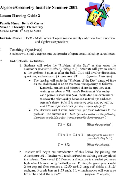 Order of Operations Lesson Plan