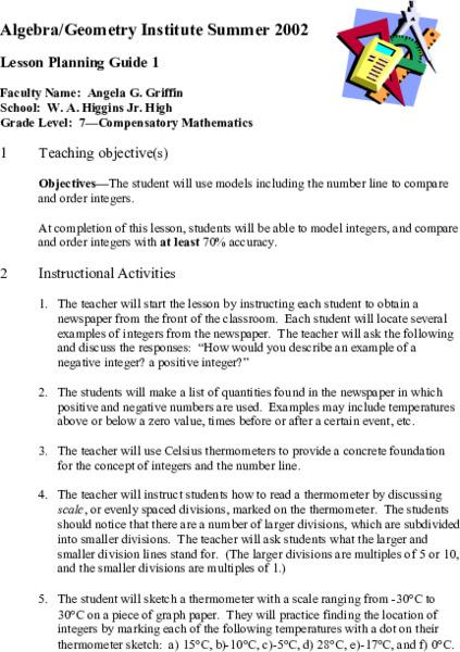 Ordering Integers Lesson Plan