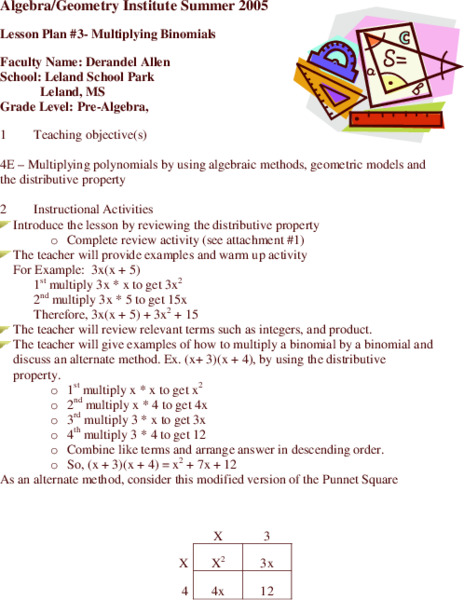 Multiplying Binomials Lesson Plan