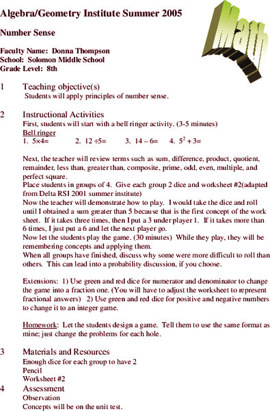 Number Sense Lesson Plan