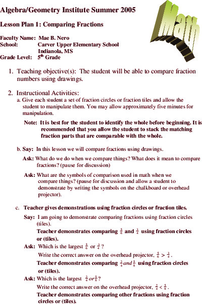 Comparing Fractions Lesson Plan