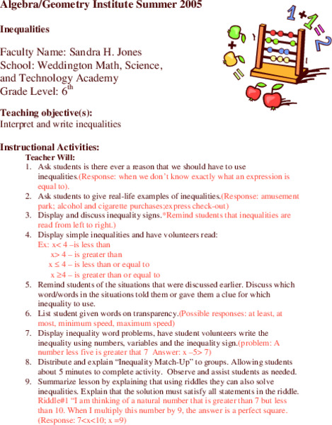 Inequalities Lesson Plan