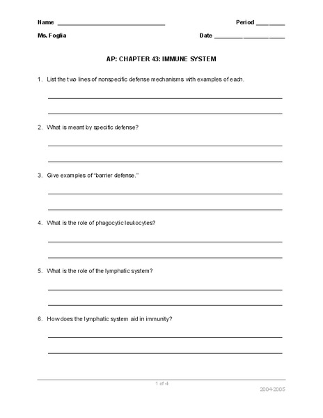 Immune System Worksheet