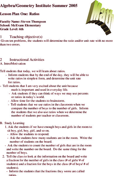 Ratios Lesson Plan