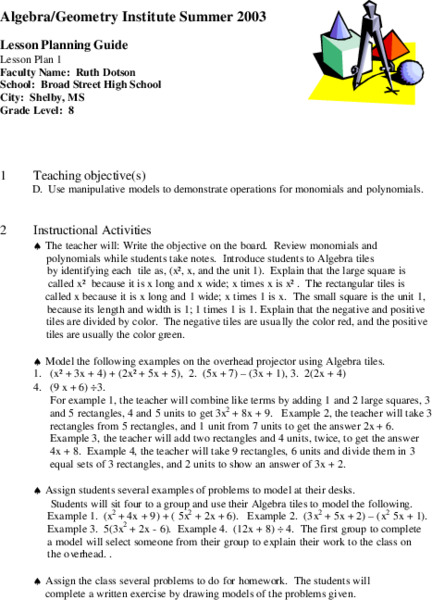 Polynomials Lesson Plan