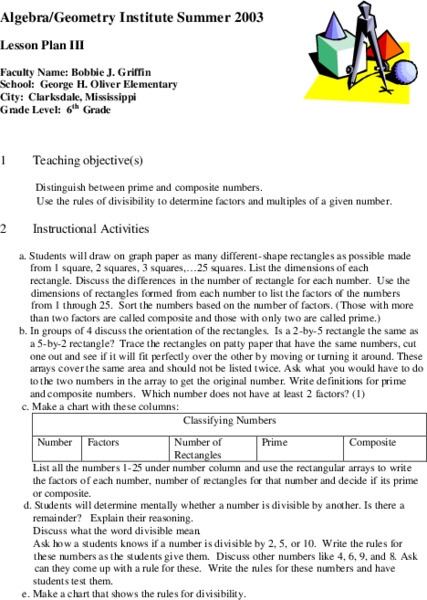 Prime and Composite Numbers Lesson Plan