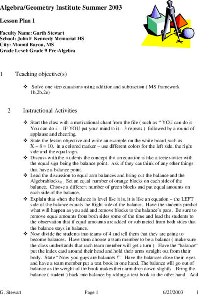 Solving One-Step Equations Lesson Plan