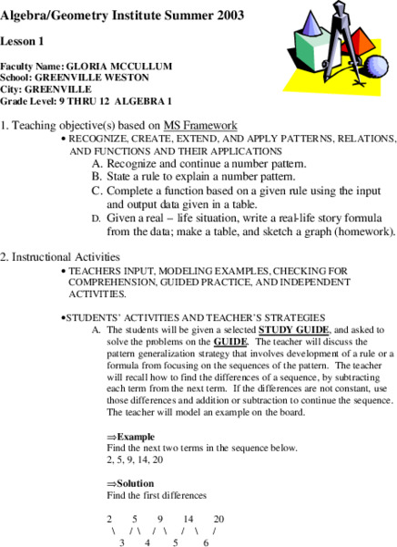 Patterns, Relations, and Functions Lesson Plan