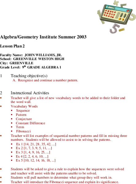 Patterns and Sequences Lesson Plan