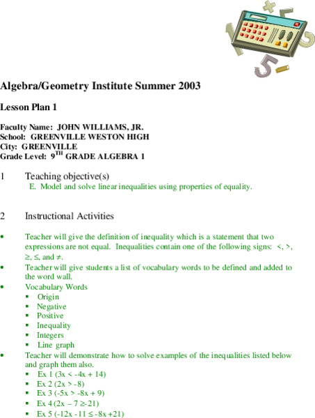 Linear Inequalities Lesson Plan