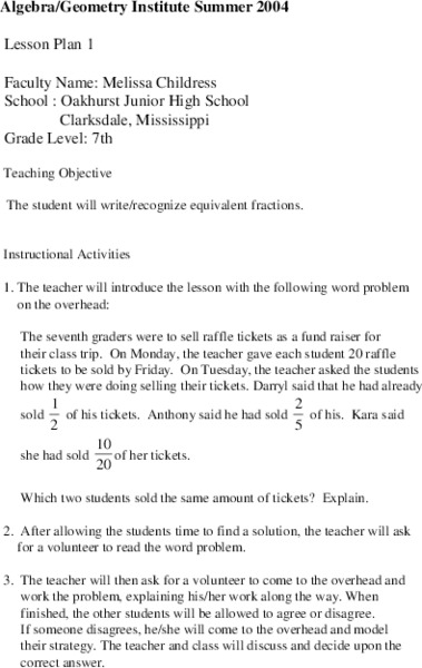 Equivalent Fractions Lesson Plan