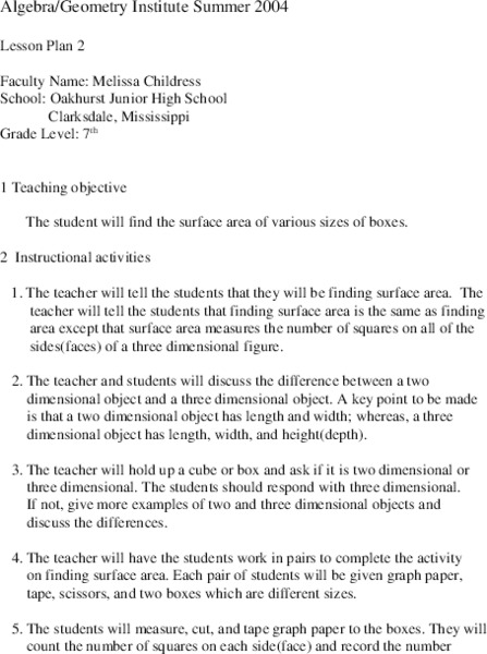 Surface Area Lesson Plan