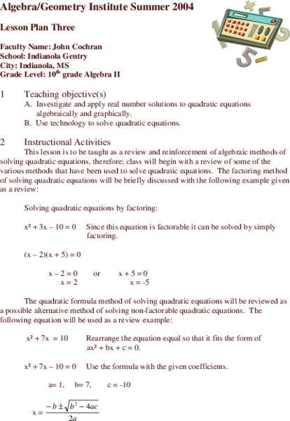 Quadratic Equations Lesson Plan
