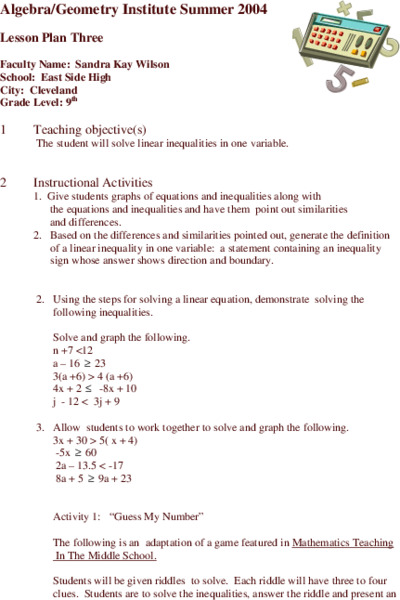 Linear Inequalities Lesson Plan