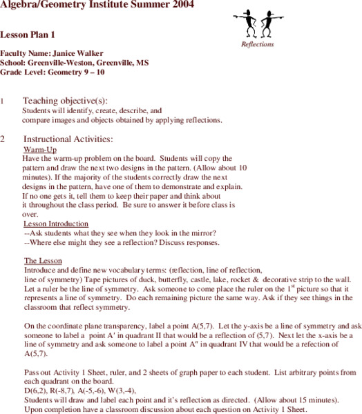 Reflections Lesson Plan