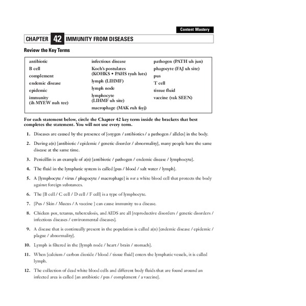 Immunity From Diseases Worksheet