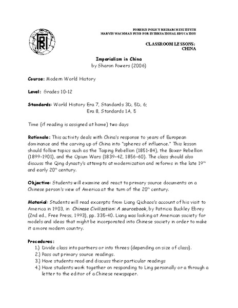 Imperialism in China Lesson Plan