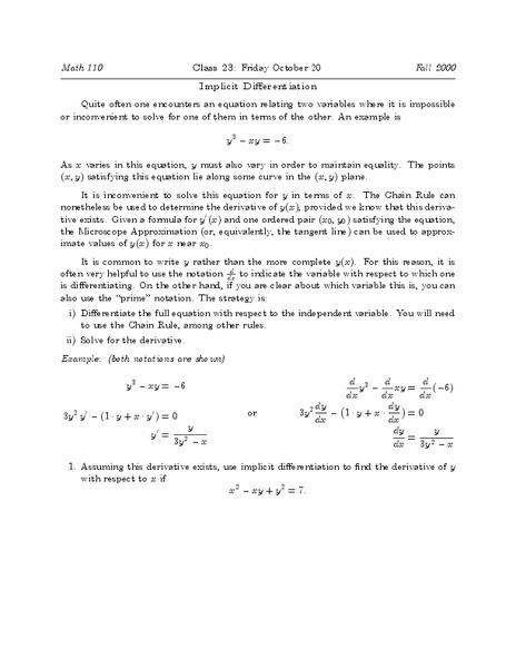 Implicit Differentiation Worksheet