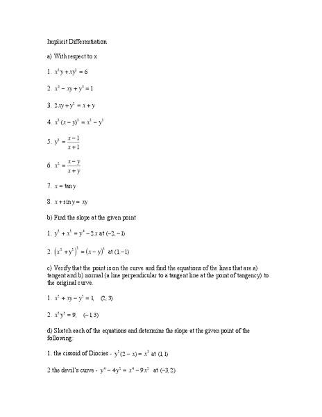 Implicit Differentiation Worksheet