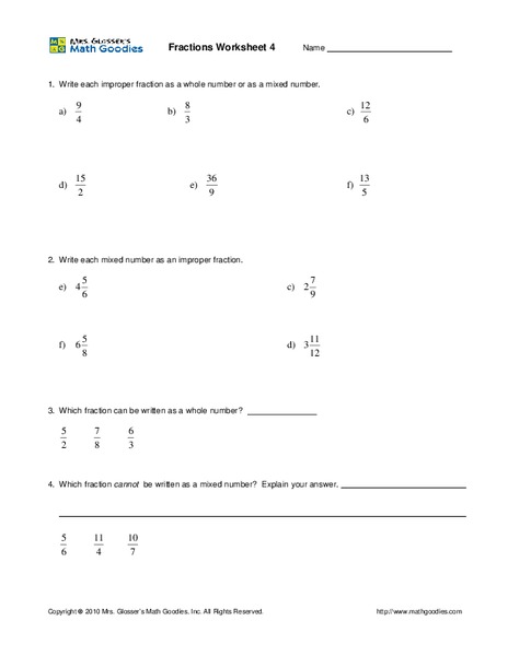 Improper Fractions Worksheet